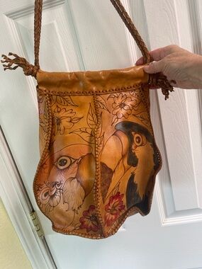Hand-Painted Tan Leather Crossbody Bucket Bag with Floral & Bird Design